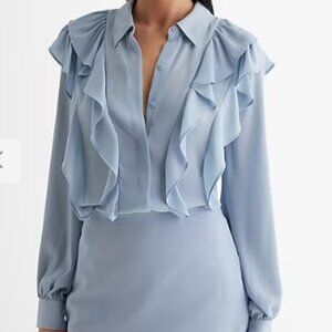 Express Portofino Relaxed Shirt with Ruffles, Light Blue, Size L